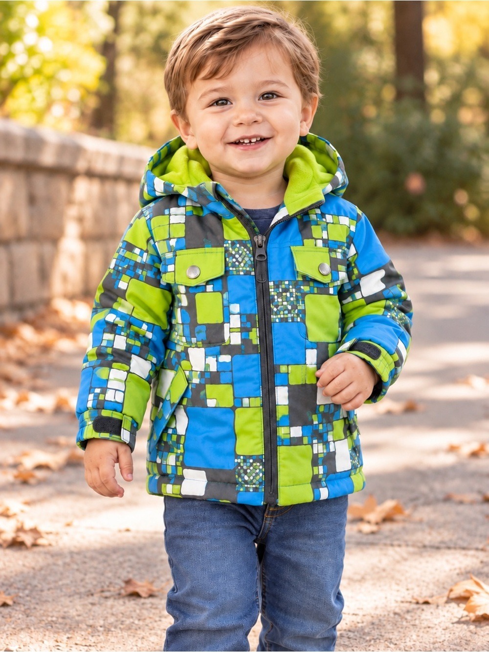 Mini Hoss Toddler Hooded Fleece-Lined Geometric Jacket 18M Blue Green